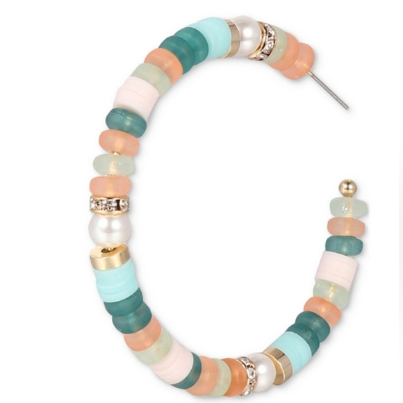 Beaded Hoop Earrings Multi Color Pastel Beads Pearl Accents Gold Tone - Picture 3 of 3